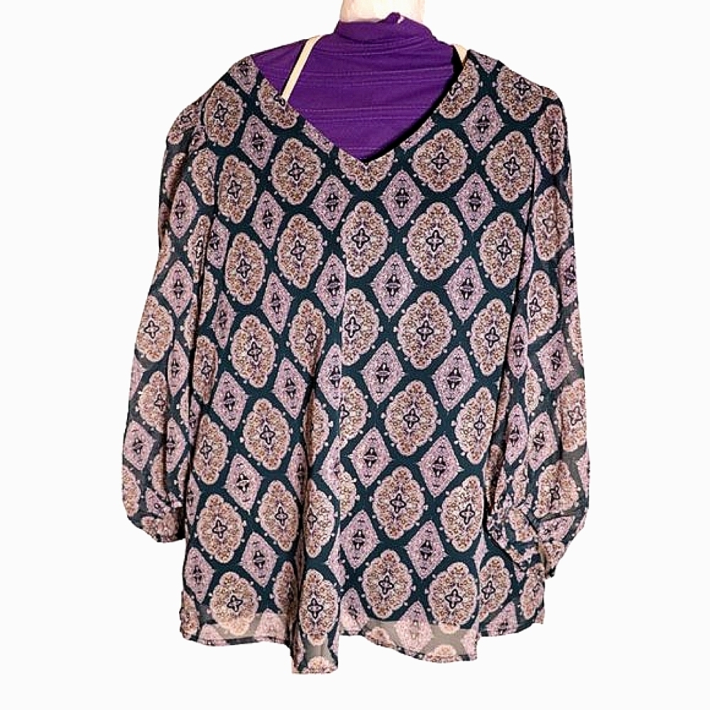 NINE WEST WOMENS MEDIUM NAVY BLUE & PURPLE FLORAL BLOUSE